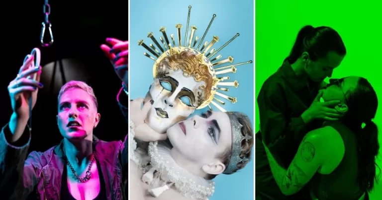 Split screen of theatre shows coming at the Wilde Stages festival. The first image shows a person holding up a pair of scissors, the second one a person wearing heavy white makeup and holding up a mask and the third two women almost kissing with gree lighting.