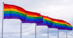 This article is about a bill to disregard historic convictions for homosexuality. In the photo, several Pride flag flowing in the sky.