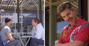 Split screen of screenshots from Darren Kennedy's new dating show. On the left is two men on a coffee date, and on the right is Darren Kennedy smiling.