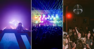 Split screen of parties that are taking place for Dublin Pride. On the left, a DJ is on the deck with a purple light; in the centre, people dancing in front of a stage; on the right, people dancing under a discoball.
