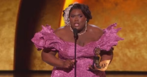 Qween Jean, the first trans tony winner in history on stage receiving her award.