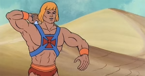 A screenshot of He-Man from the 1980s animated TV show.