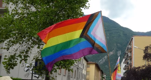 This article is about LGBTQ+ organisations sharing a joint submission to the UN. The image shows a Pride progress flag flying outdoors.