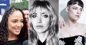 Images of actors who appear in a Letterboxd video talking about movies and TV shows that bring them queer joy. From left to right: Tessa Thompson, Imogen Poots and Kirsten Stewart