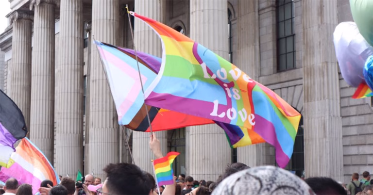 LGBTQ+ flags flying at the 2026 Dublin Pride Parade.