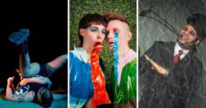 Split screen of three promotional images for Dublin Fringe Festival 2026 shows. Left is Suplex, middle is Slugs and right is Diversity Training.