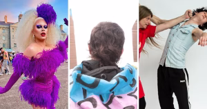 Split screen of promotional images for three events in July. Left is drag queen Mia Gold, middle is from Trans & Intersex Pride Dublin, and right is from The Act of Existing.