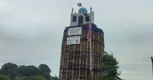 A replica mosque on top of a bonfire in Tyrone.