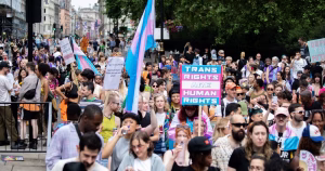 This article is about trans rights in Northern Ireland. In the photo, People marching and carrying trans flags and signs in support of trans rights.