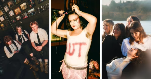 Split screen of three queer Irish artists. Left is Shark School, middle is SexyTadhg and right is The Kates.
