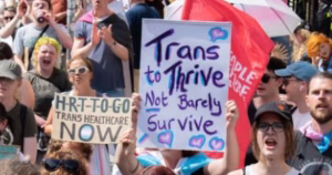 The image depicts a crowd rallying, with protest signs saying "HRT to go, Trans Healthcare now" and "Trans to thrive, not barely survive"