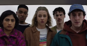 A still from the Adults TV show of the five characters staring into the camera.