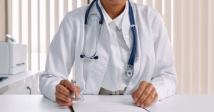 This article is about a new Gender Plus clinic in Cork. In the photo, a doctor wearing a scrub, sitting at a desk.