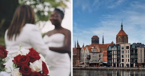 Two people dressed in white are getting married, a bunch of roses lay in front. opposite photo is scenery of a polish town. Poland now recognises same-sex marriage from other EU countries