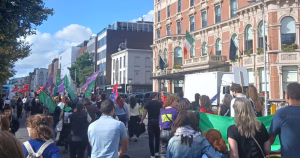 The article is about the March for Choice protest. The image a crowd protesting in Dublin