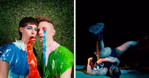 Split screen with a promotional poster of the Dublin Fringe show Slugs on the left and Suplex on the right