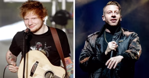Split screen of Ed Sheeran and Macklemore performing on stage separately.
