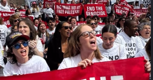 People taking part in an anti-Netanyahu protest in New York city, including actor Hannah Einbinder.