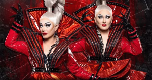 The Boulet Brothers' Dragula returns for another season with a new cast of 'Monsters'. The Boulet are wearing their trademark white contact lens and long fingernails.