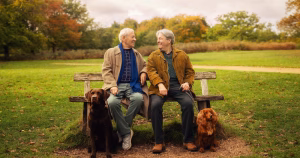 Frank and Percy follows two older gentlemen as they embark on a blossoming romance in their twilight years. Leads Ian McKellen and Roger Allam sit next to each other on a park bench, smiling.