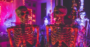 This article is about Halloween events in Ireland. The image shows two skeletons looking at each other amidst a hue of pink and purple light at a Halloween event.