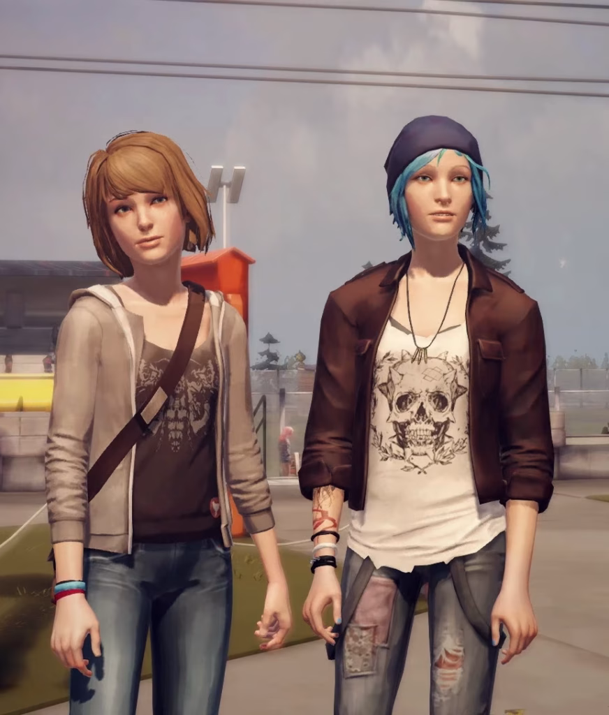 Characters from video game 'Life is Strange', Max and Chloe stand side by side. Costume inspiration for Halloween.
