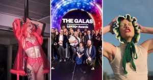 Splitscreen of queer events taking place across Ireland this October. First image shows a pole dancer in red lingerie, a group of people celebrating on a stage at an award ceremony, an artist wearing a crocheted hat.