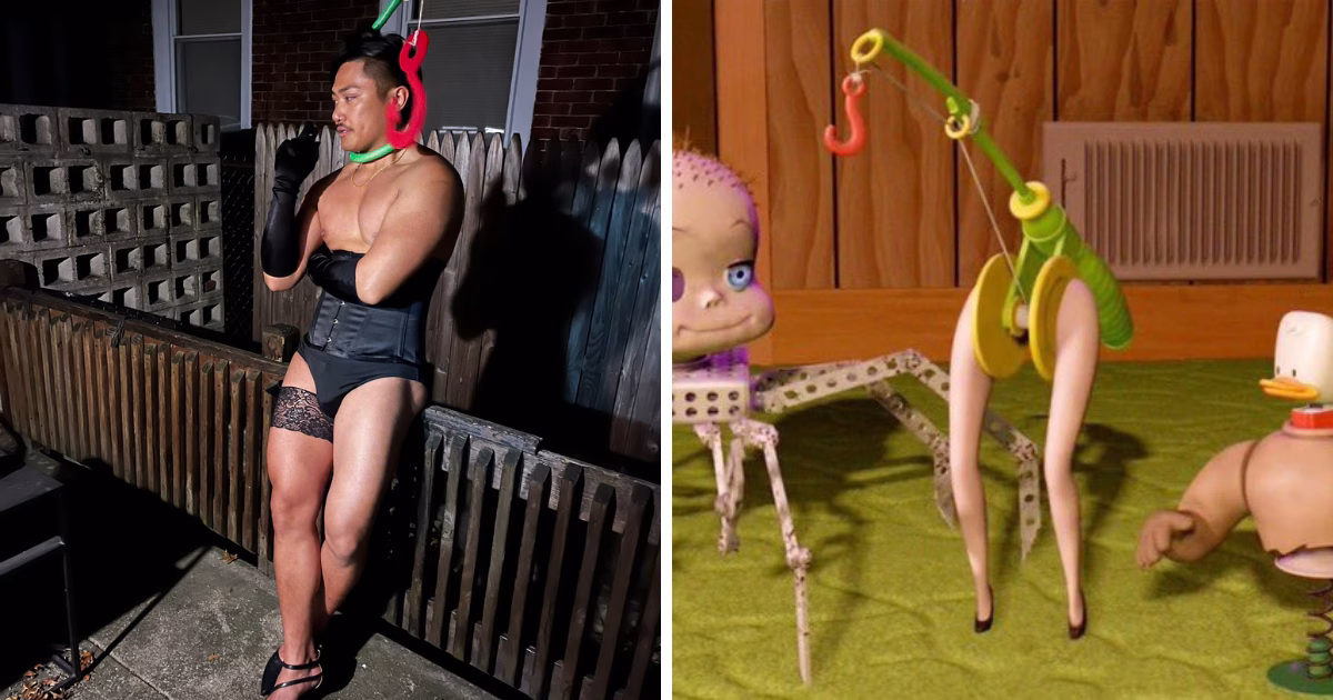 A costume of the hook toy from Toy Story from the I Hate Gay Halloween trend. A man is dressed in black lingerie and has a plastic toy fishing hook around his neck. A split image of the recreation on the left and the reference on the right.