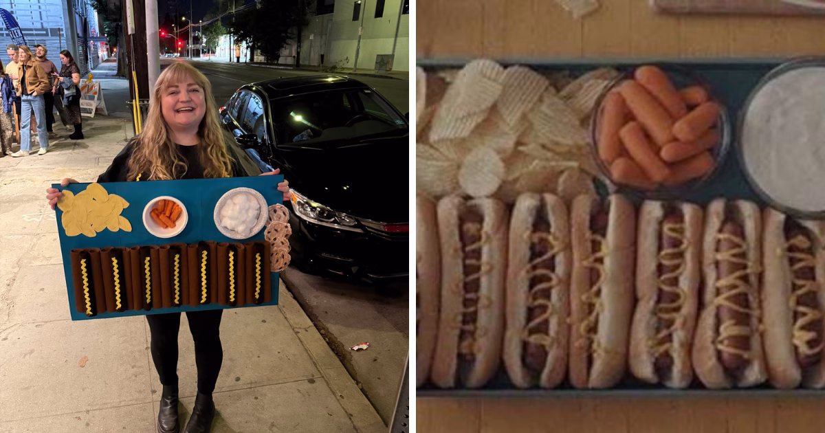 Costume of the Weapons Hotdog platter. A split image of the recreation on the left and the reference on the right.