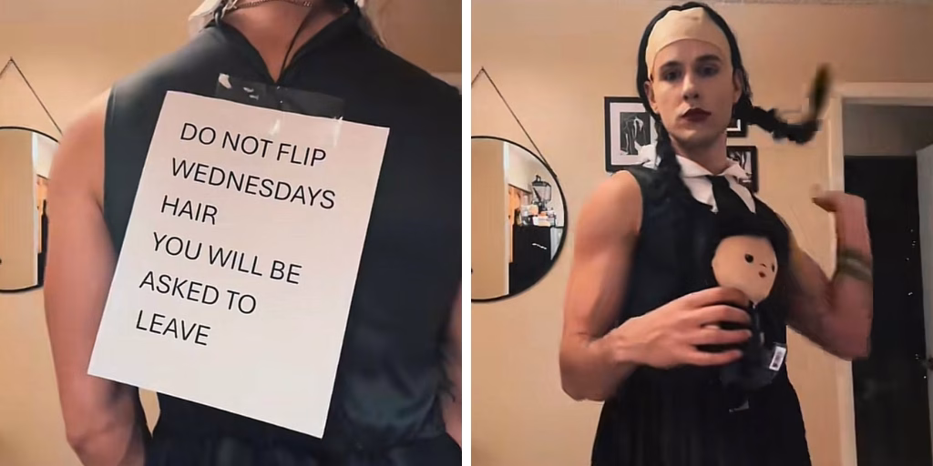 A costume of the Wednesday bald Wednesday doll. A split image of the recreation on the left and the reference on the right.